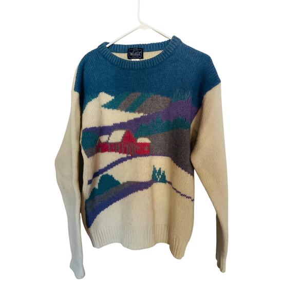 Vintage WOOLRICH Winter Nature Ski Town Print Womens Sweater 90s Size Large - Picture 1 of 10